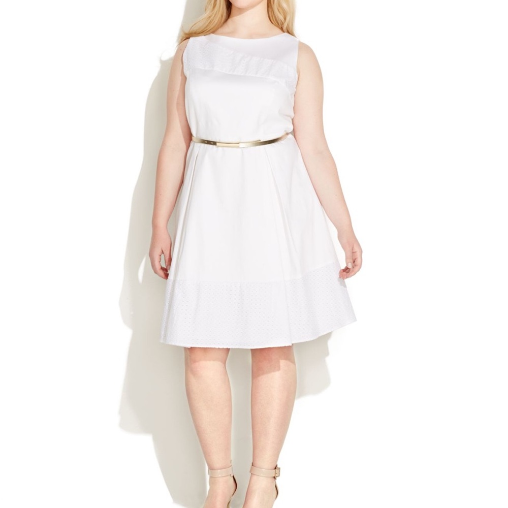 Calvin Klein White Eyelet Belted A-Line Dress